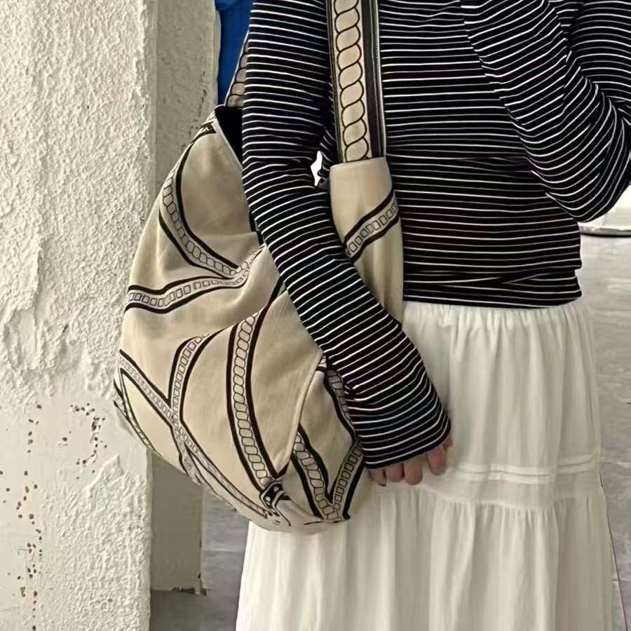Linen Large Capacity Canvas Tote - Natural Woven Cloth Bag with Totem Design