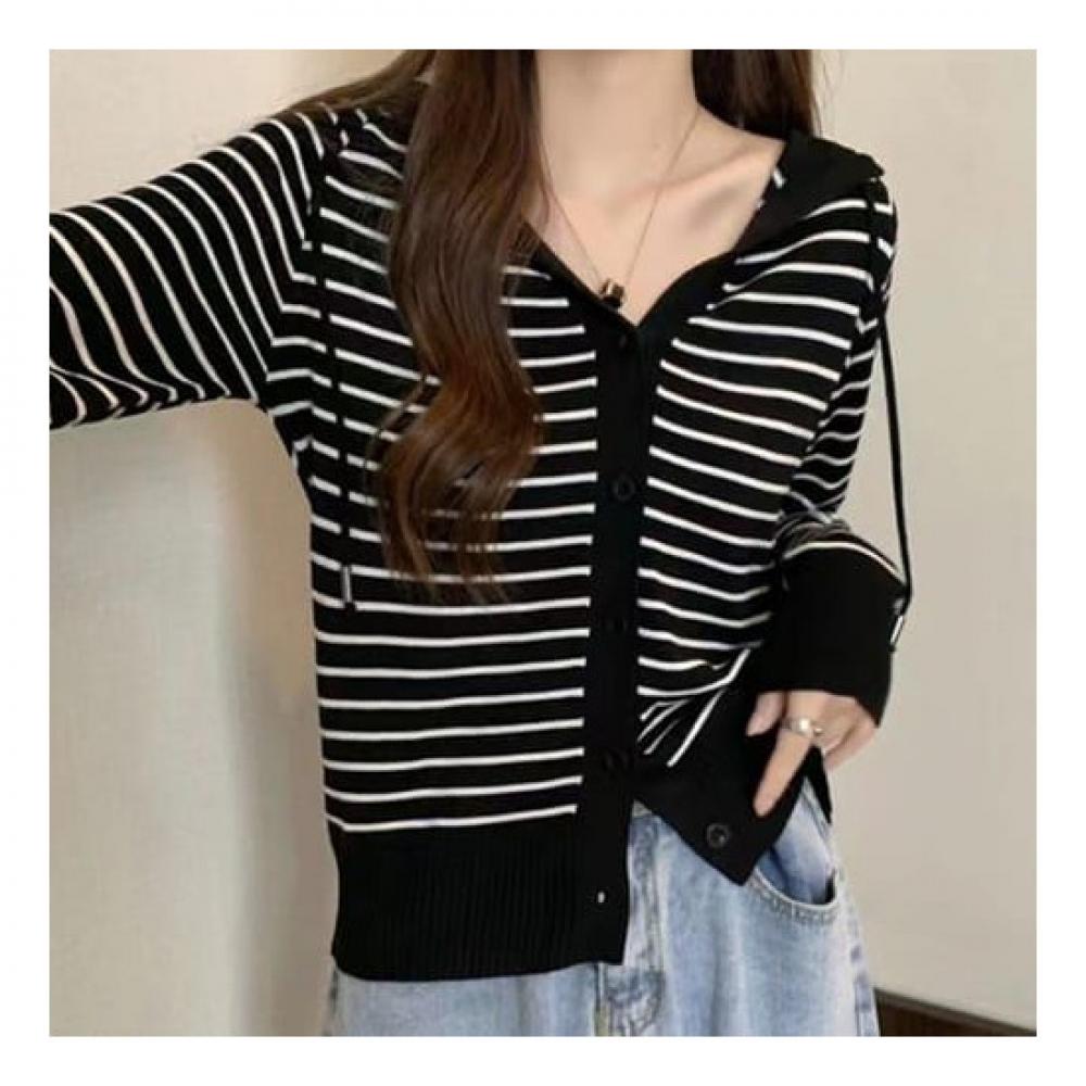 Navava Nk2309 Striped Long Sleeve Hooded Knit Cardigan