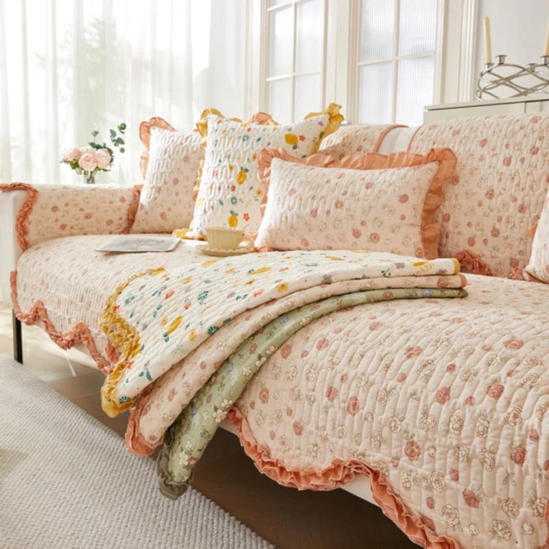 Four Season Universal Pure Cotton Sofa Cushion Small Floral Anti Slip Seat Cushion Comfortable Breathable Couch Cover Cloth