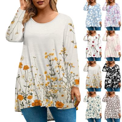 Women's Fashion Large Size Round Neck Long Sleeve Casual Print Loose Pullover Top
