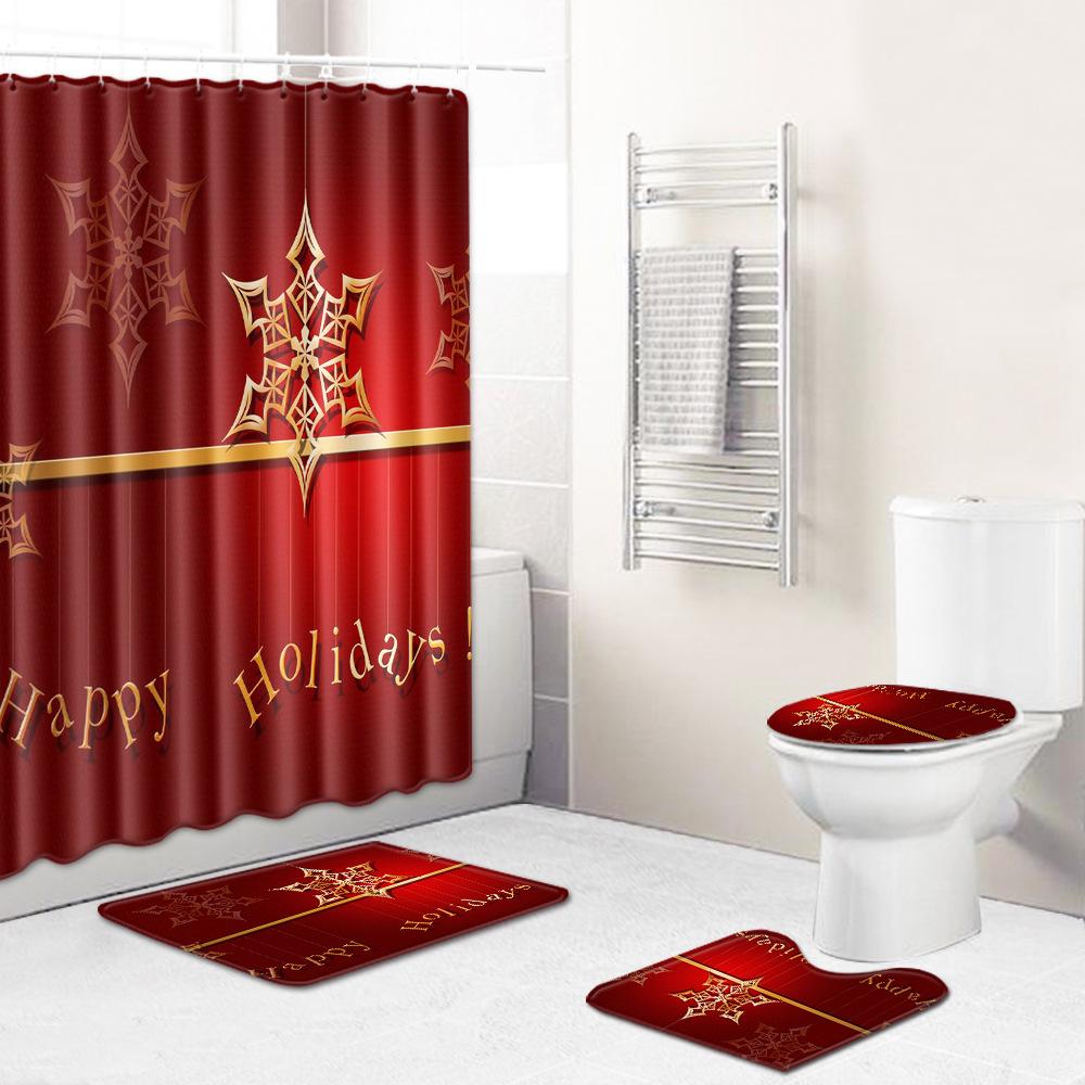 Christmas Four-Piece Shower Curtain Combination Floor Mat Set Bathroom Non-Slip Door Mat Absorbent Carpet