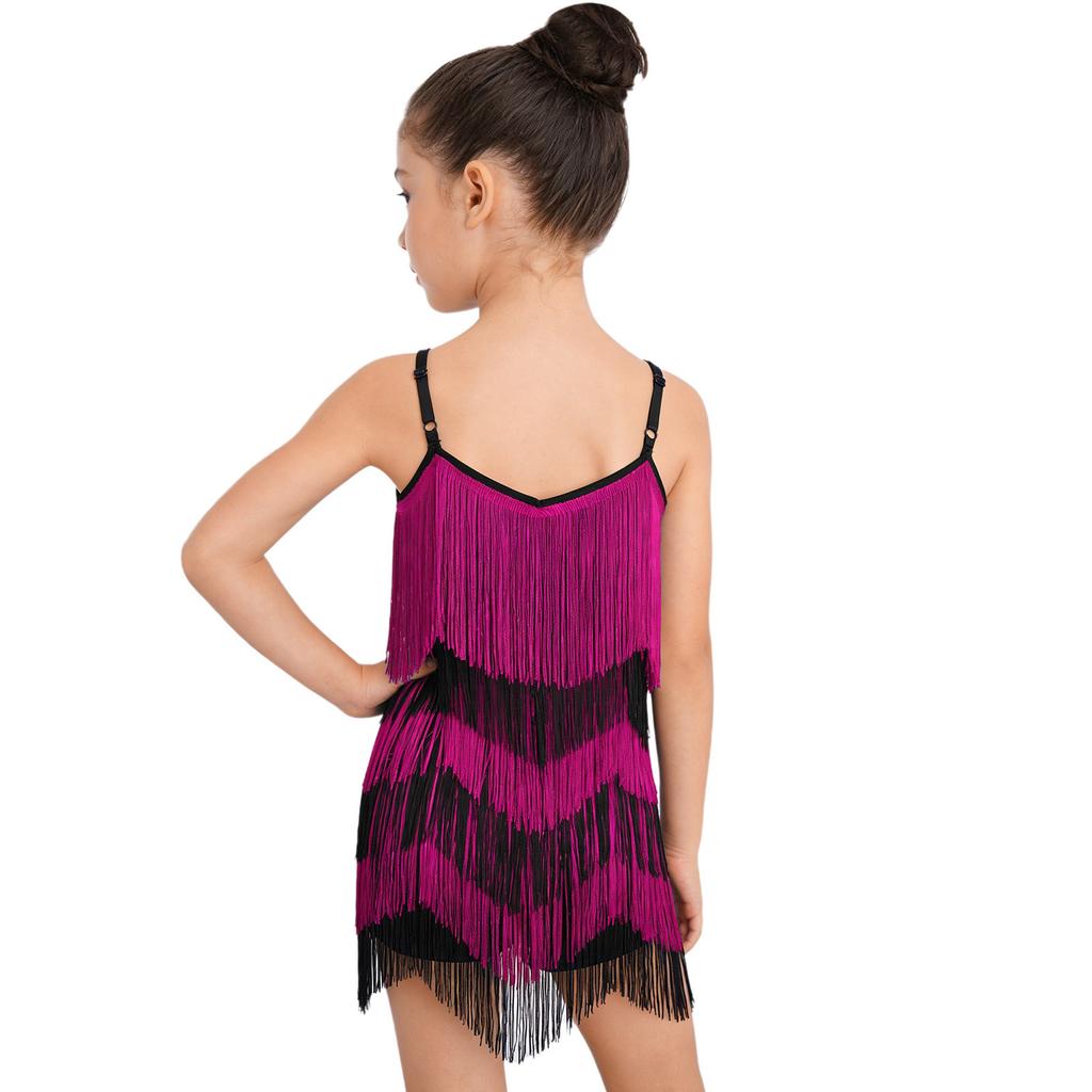 Body de Dança Latina para Meninas Franjas Alças Ajustáveis Bloco de Cores Tassels Macacão Salsa Salão