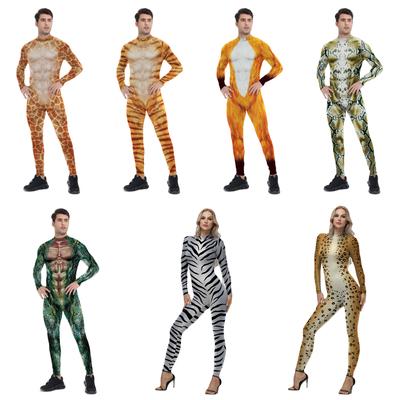 Adult Fox Tiger Leopard Zebra Giraffe Snake Animal Role Play Print Jumpsuit Tights Women Men Halloween Party Cosplay Costume
