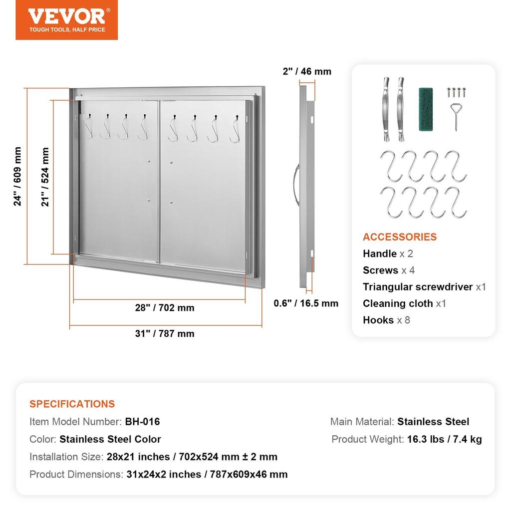 BBQ Access Door, 787x609 Mm Double Outdoor Kitchen Door, Stainless Steel Flush Mount Door, Double Wall Vertical Door with Handles and Hooks, for BBQ