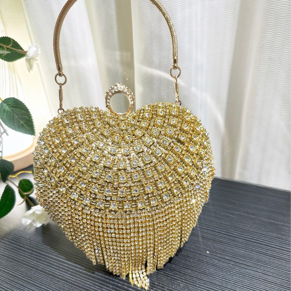 European & American Fashion Rhinestone Heart Handbag - Women's Tassel Evening Bag