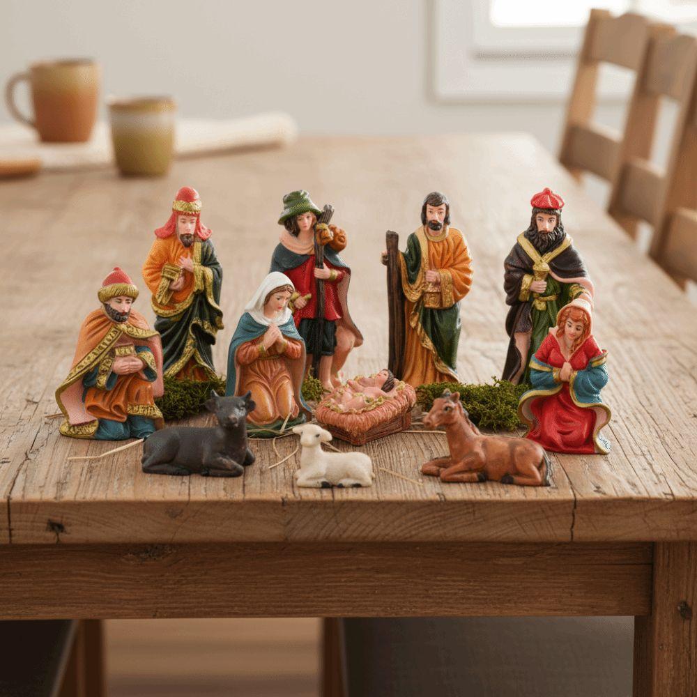 10Pcs/Set Resin Material Nativity Stable Ornaments Hand Drawn Design Tabletop Display Christmas Manger Scene Vintage