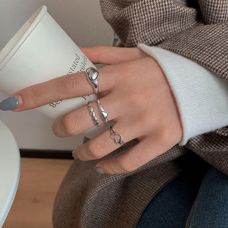 Fashionable Sterling S925 Silver Heart Ring Adjustable Size Chic Hollow Design