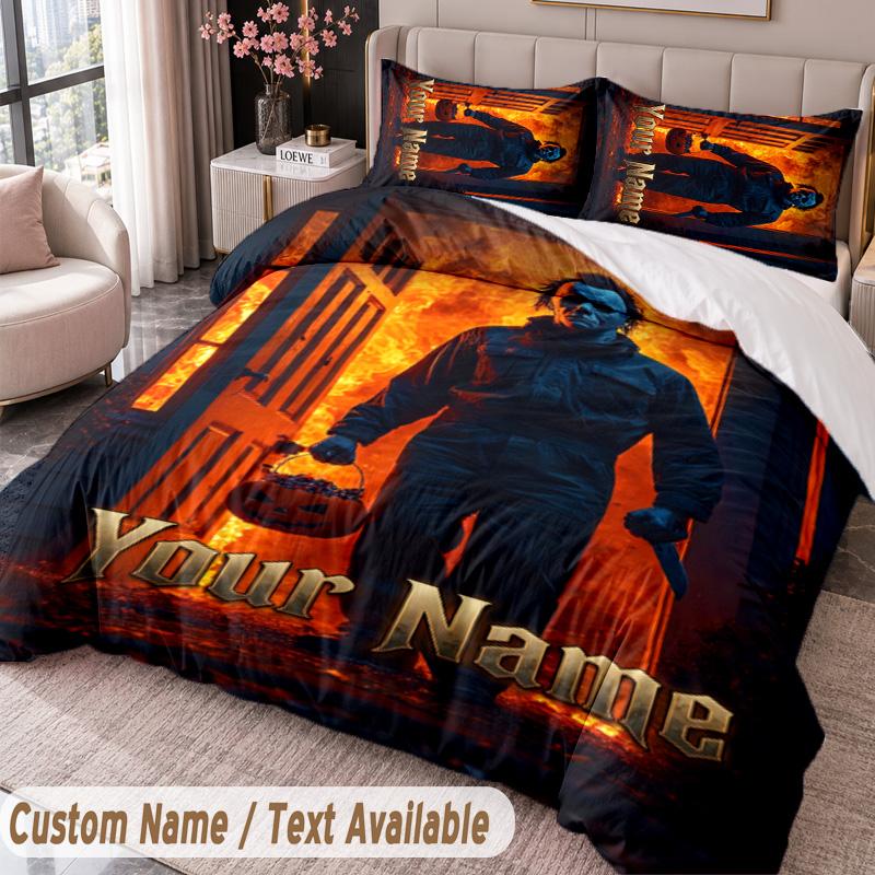 Custom Name Text 3Pcs Bedding Set Halloween Michael Myers Duvet Cover And Two Pillowcases