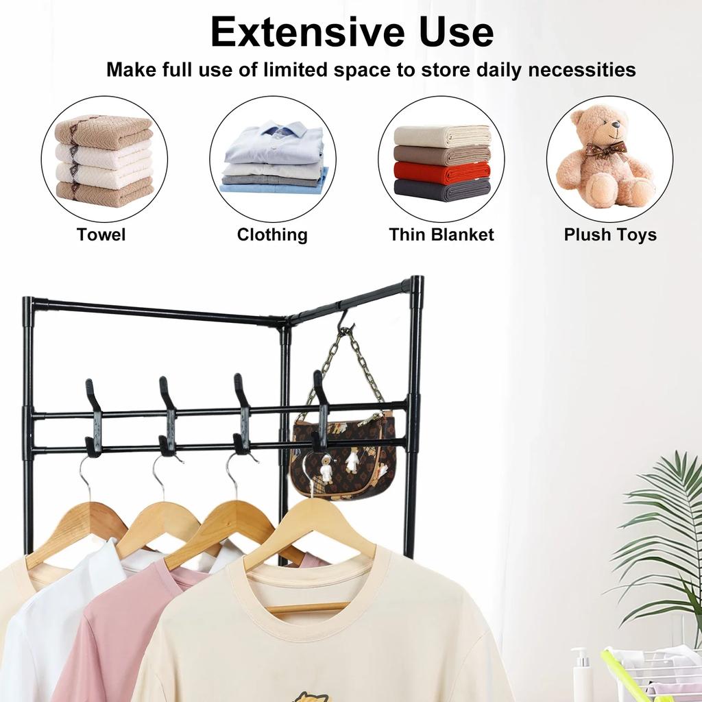 Rohový věšák na oblečení do ložnice Samostatný stojan na kabáty se 3patrovým botníkem, úložným prostorem a 10 pohyblivými háčky Kovový organizér
