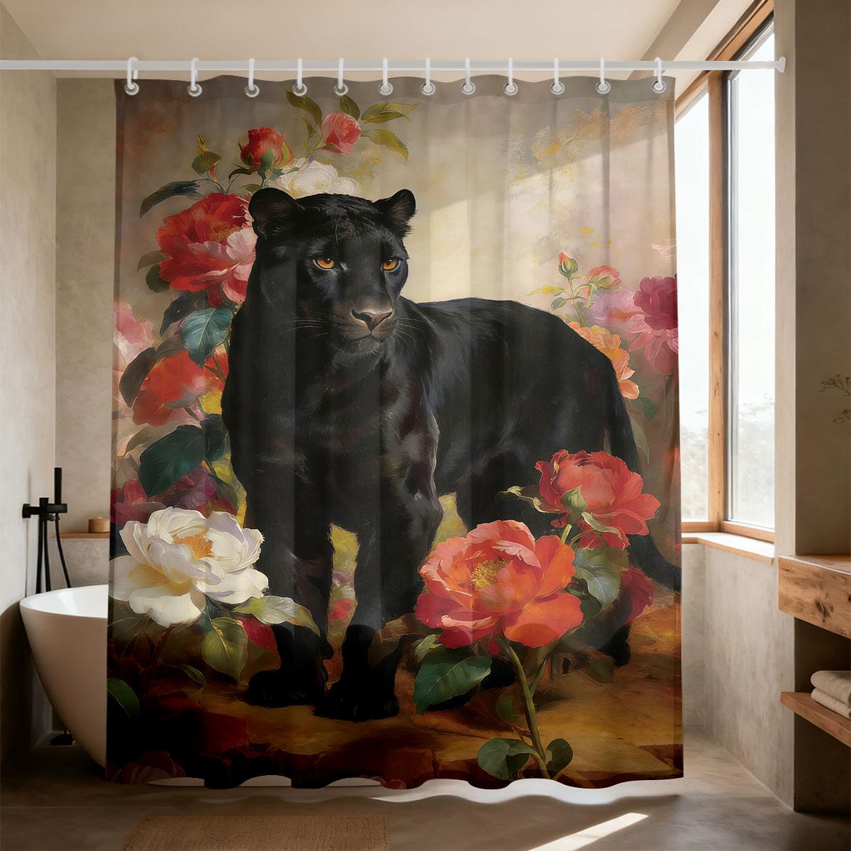 

1Pc Flower Black Panther Printed Waterproof Shower Curtain Partition Privacy Hanging Curtain Multiple Sizes 12 Hooks W60H190(CM)-1 Pcs