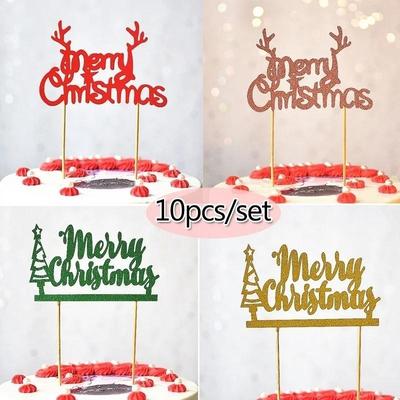 10pcs/lot Gold Red Merry Christmas Party Cake Toppers Decoration for Xmas Decoration Supplies2022