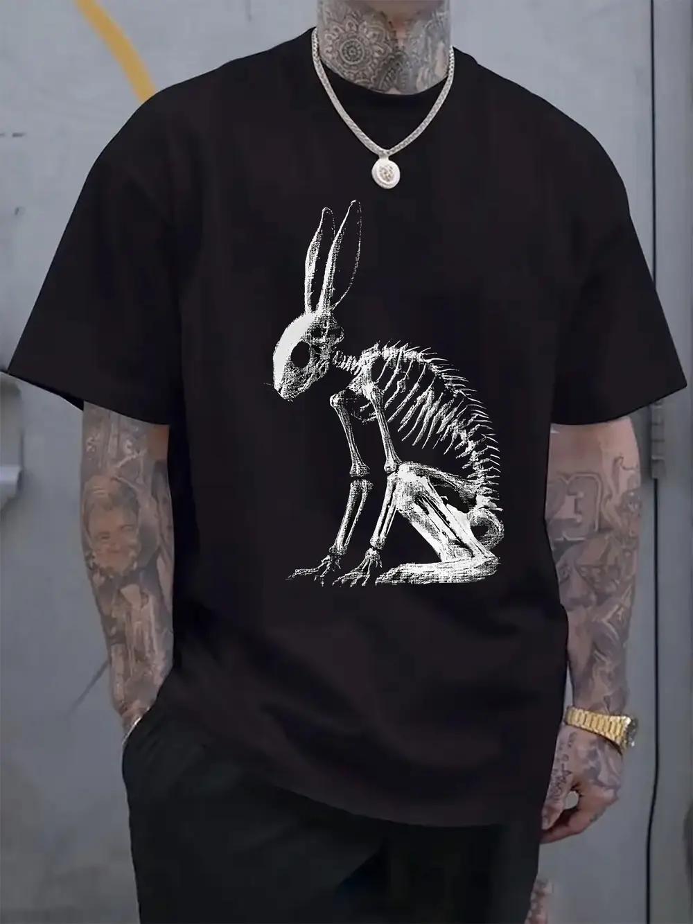 Casual Crew Neck T-shirt with Rabbit Skeleton Print L
