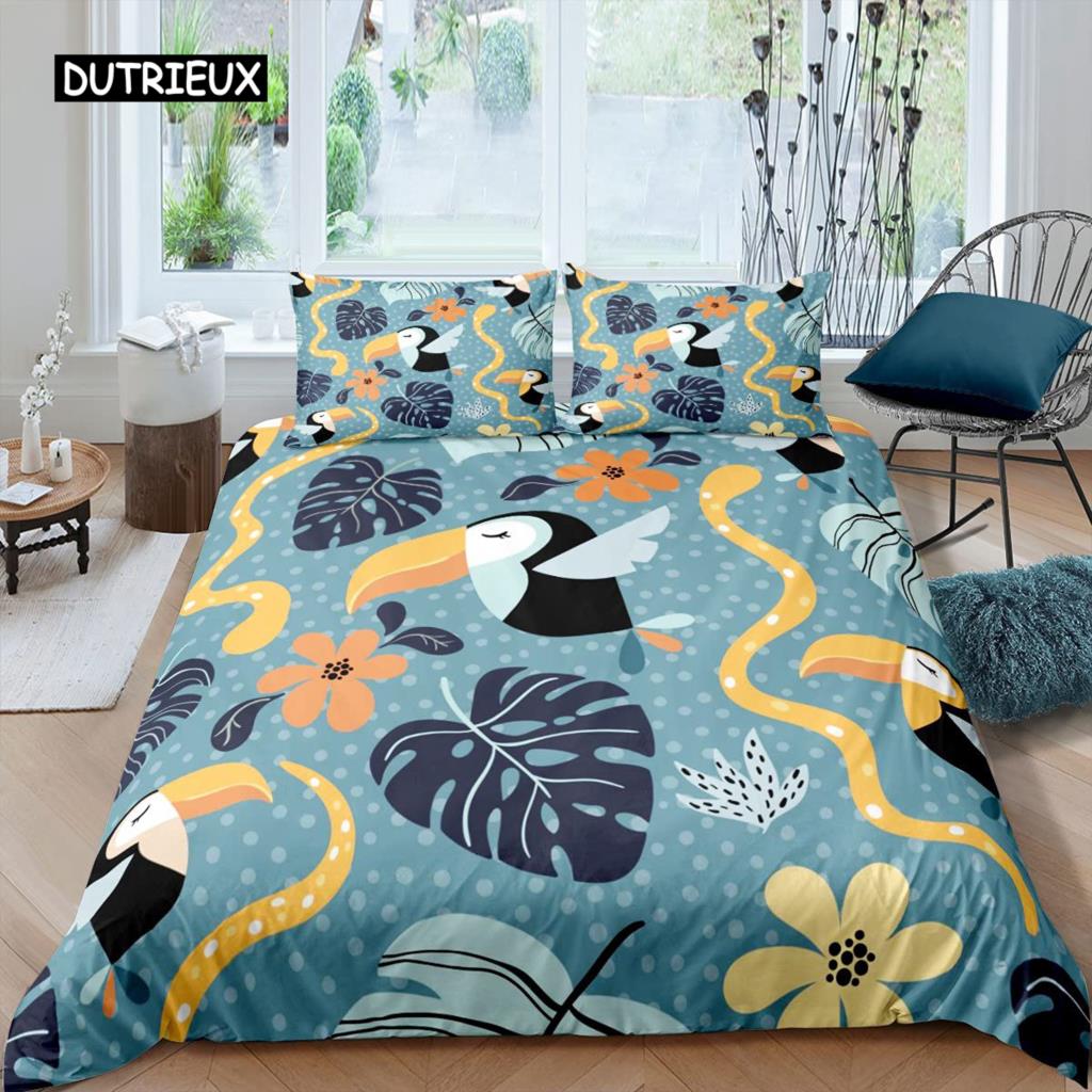 Parrot Duvet Cover Set Black White Stripe Bedding Set Green Plant Palm Leaves Quilt Cover Bird Animal Polyester Comforter Cover
