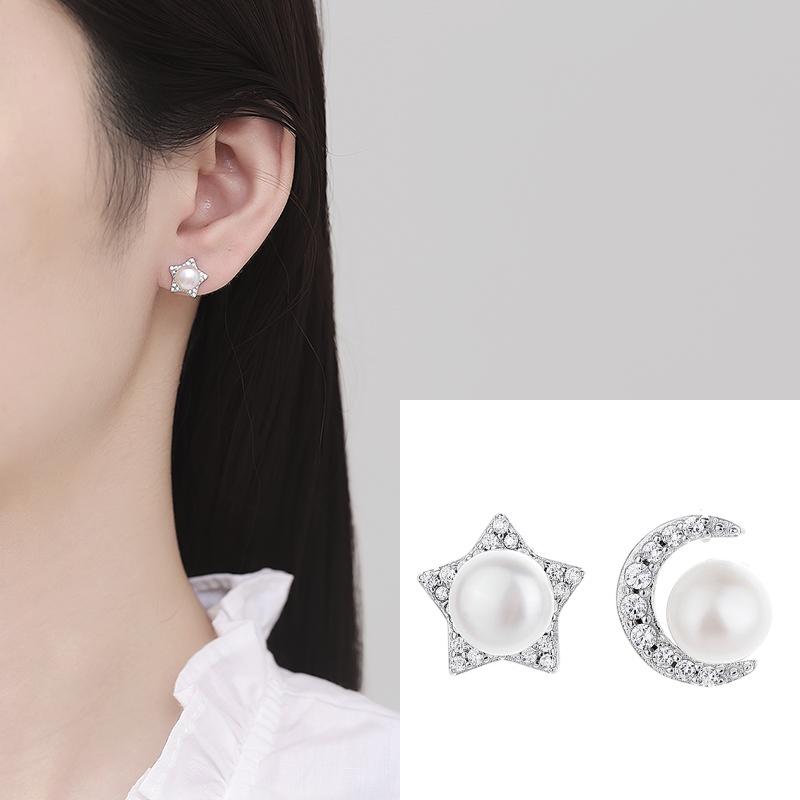 Freshwater Stud Earrings Women S Light Luxury Stars Moon Asymmetrical Fashion Temperament Design Earrings 925 silver