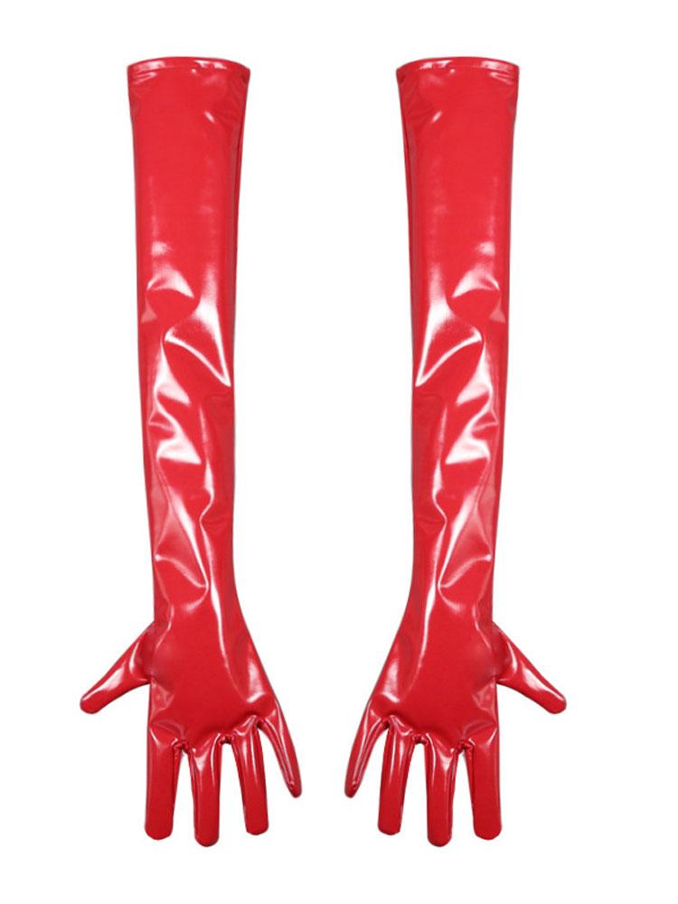 Faux Latex PVC Shiny Five Finger Gloves Maid Nightclub Dance Perform Long Gloves Elastic Exotic PU Leather Gloves Cosplay Outfit