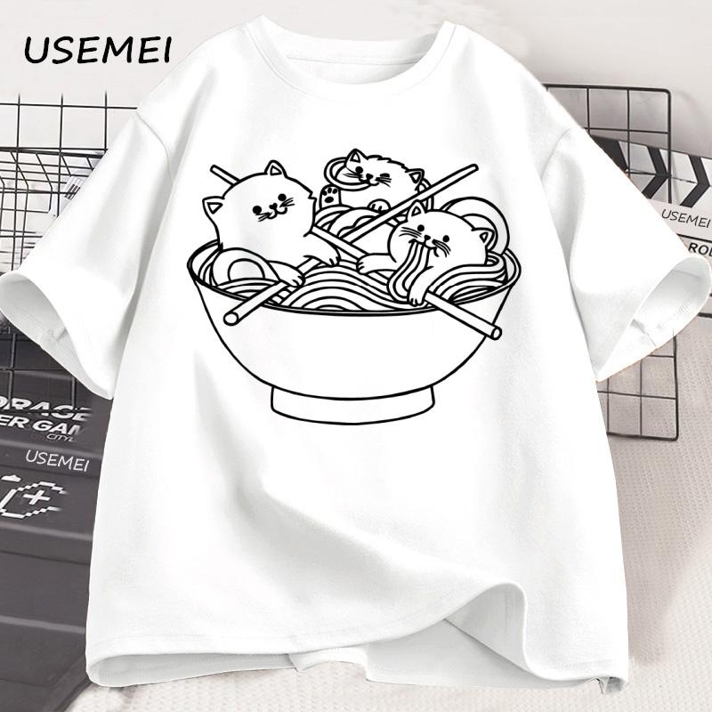 Japanese Style Cat Ramen T-Shirt Cotton Short Sleeve Kawaii Anime Tshirt Ramen Kitten Graphic Tees Cute Food Tee Shirt Clothes