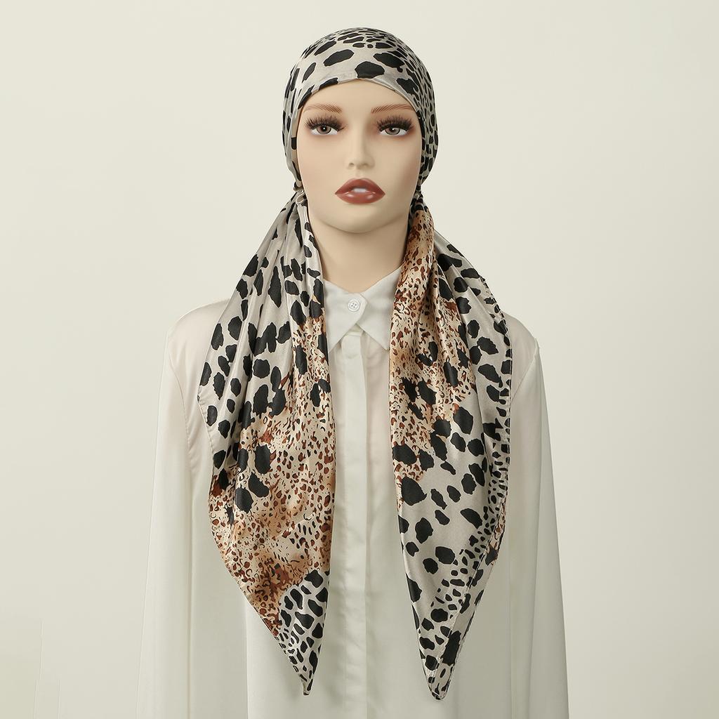 Leopard Printed Satin Silk Hat Caps Woman Muslim Hijab Hat Lady Fashion Instant Scarf Islamic Turban Bandana Foulard Headband