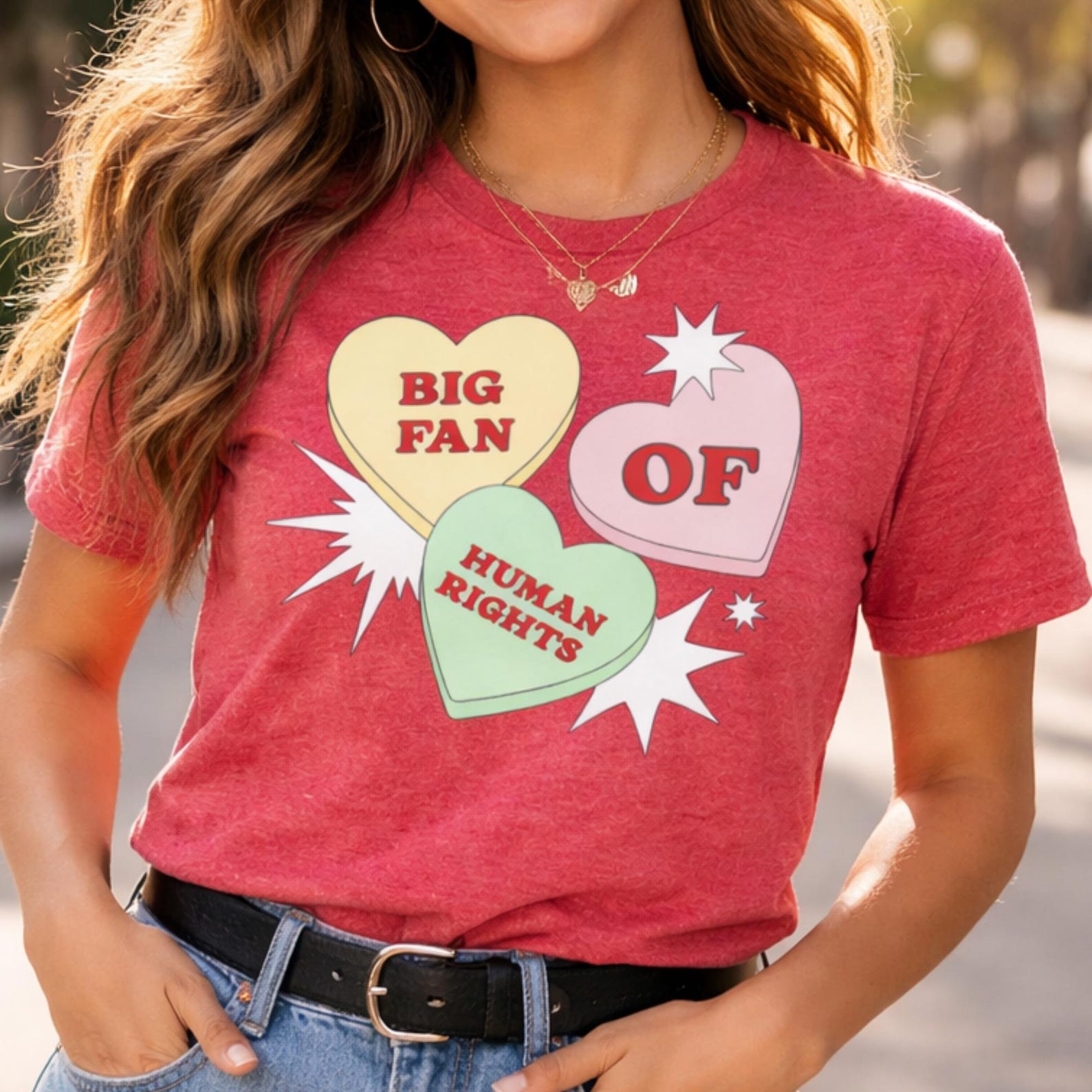 Retro Candy Hearts Human Rights T-Shirt – Feminist Activist Tee L
