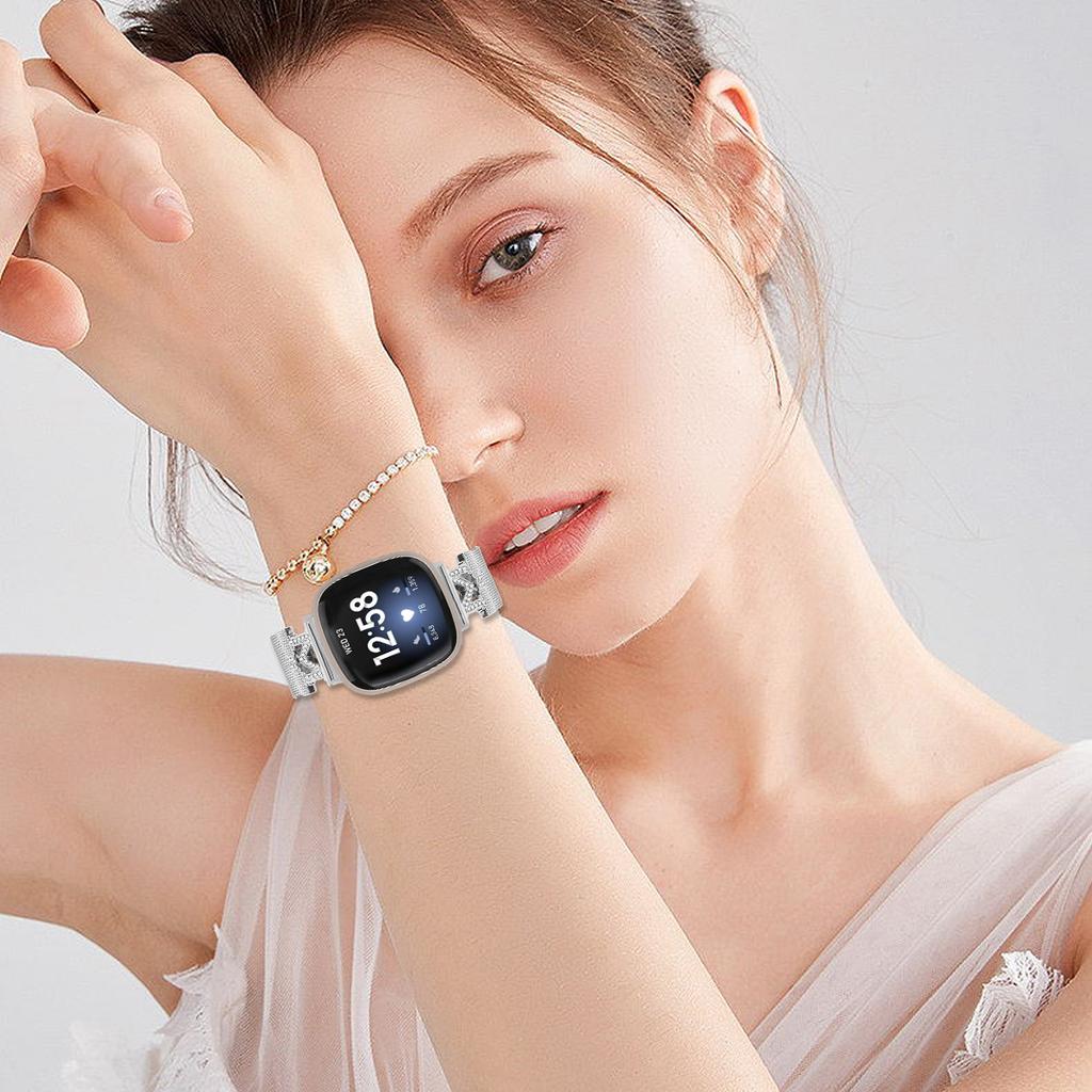 For Fitbit Versa 4/Sense 2 Bands Stainless Steel M-Type Milanese Watch Band Silver Wrist Strap