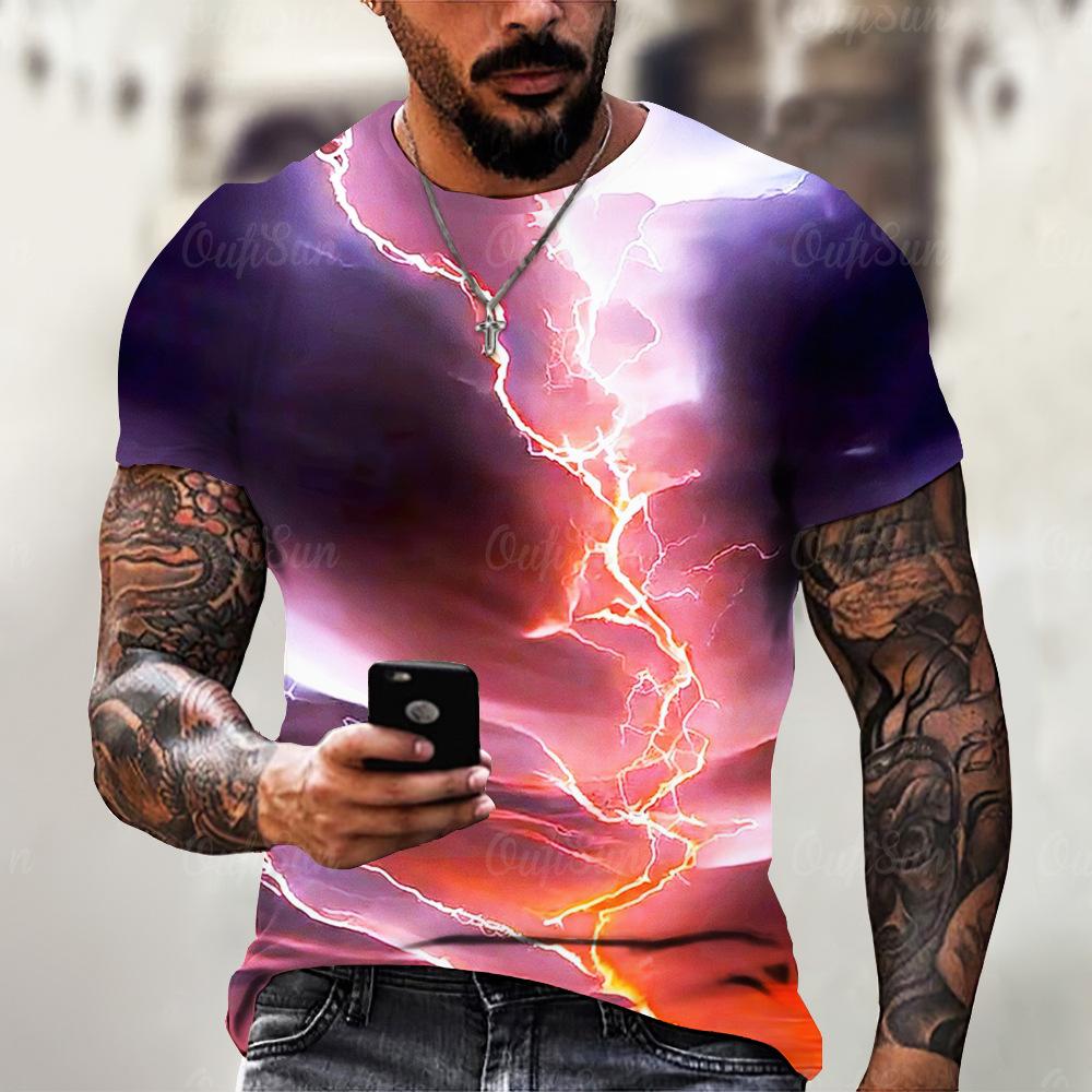 Lightning 3D Printed Short Sleeved T-shirt Summer Breathable Polyester Simple Round Neck Top
