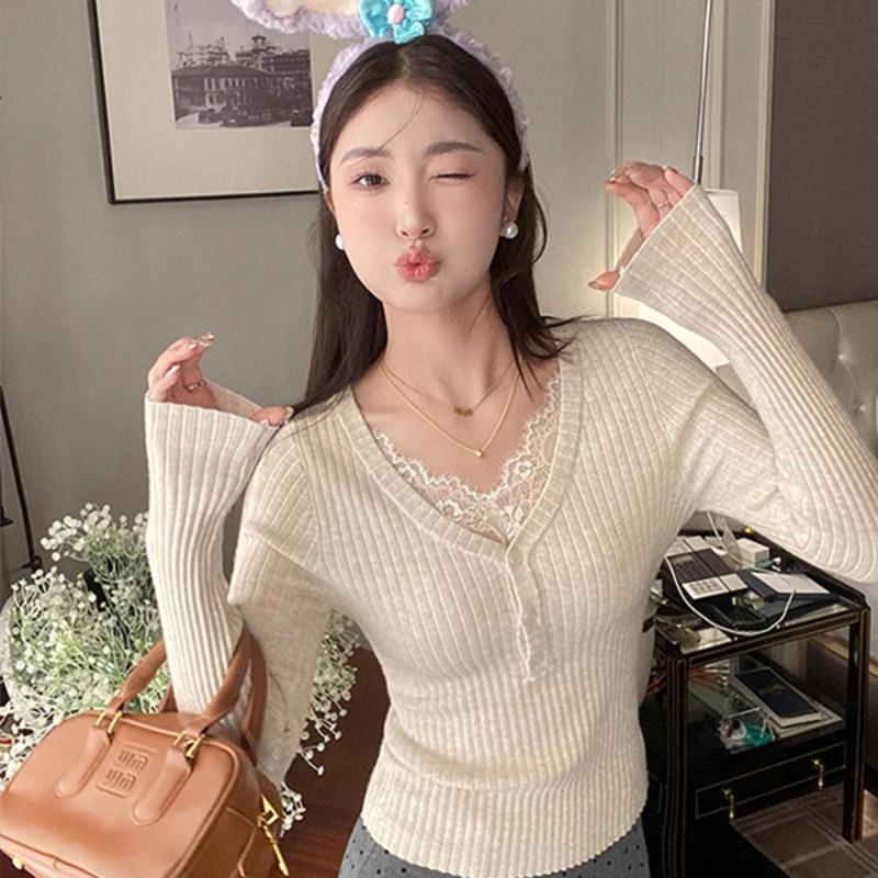 Neck lace knitted sweater women's inner wear autumn and winter new slim-fitting and thin bottoming shirt top