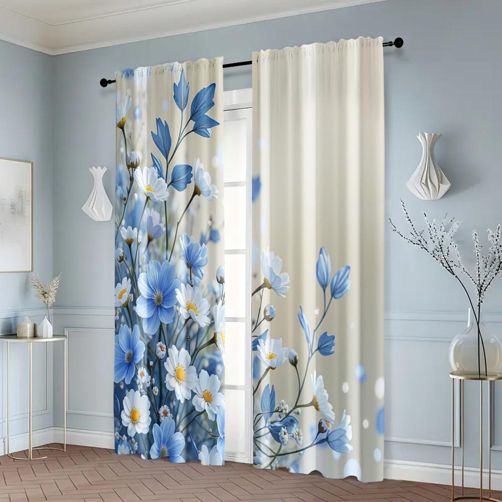 2pcs, Window Curtain Rose Blue Chinese Painting Versatile 100% Polyester (without Rod) Art Deco Festive Perfect for Bedroom,
