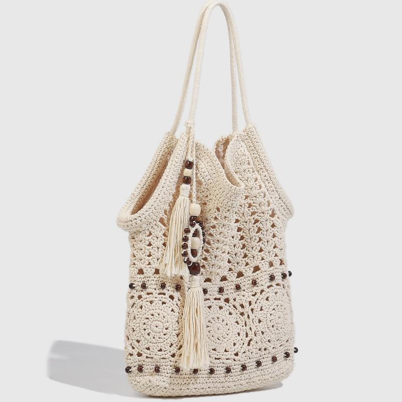 Sen Ethnic Style Hollow Tassel Woven Bag Women's Literary Knitted Commuter Seaside Vacation Tote