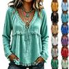 Women's Casual V-Neck Long Sleeve Color Cotton Linen Blouse for Everyday Wear