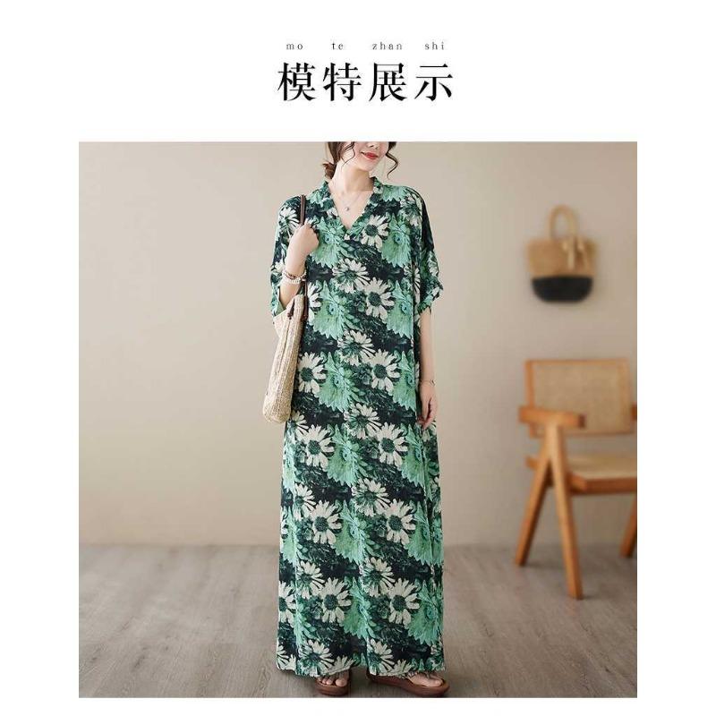V-neck Thin Plus Size Loose Vintage Cover-up Long Dress
