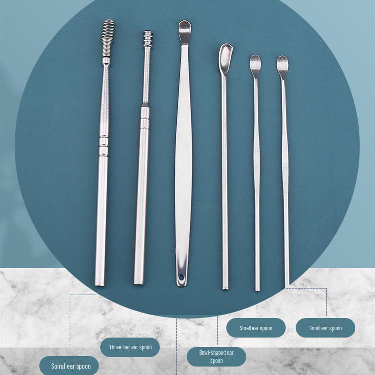 Six-Piece Stainless Steel Ear Cleaning Set with Spring Spiral Tools & Leather Case