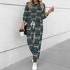 Women Retro Pattern Print Two Piece Outfit, Long Sleeve Crew Neck Top & Drawstring Jogger Pants Casual Tracksuit for Spring Autumn