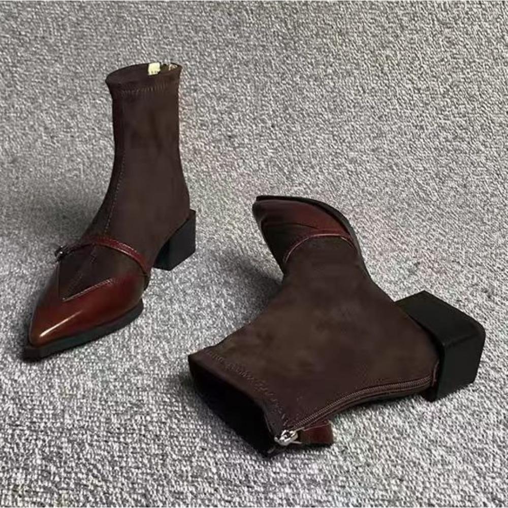 Short Boots Women's 2025 Winter Thick Heel Pointed Women's Leather Shoes Retro Cowhide Splicing Short Boot Thin Ankle Boots