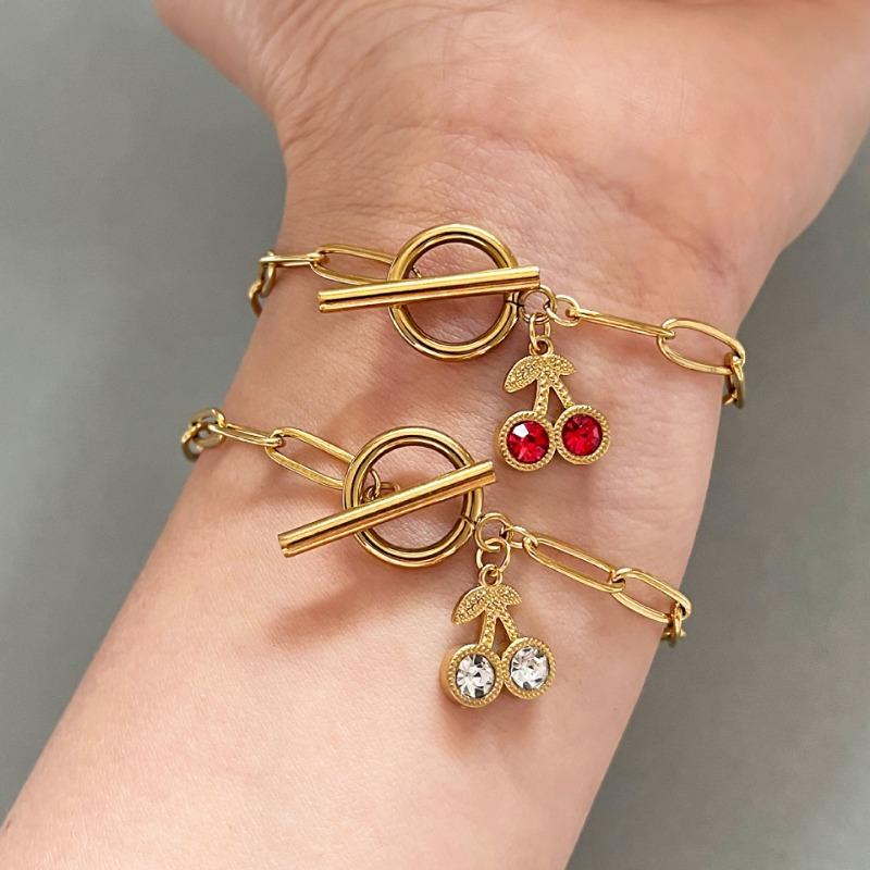 Gold Cherry Charm Paperclip Chain Toggle Bracelet – CZ Crystal OT Clasp Jewelry, Sweet Gift for Women