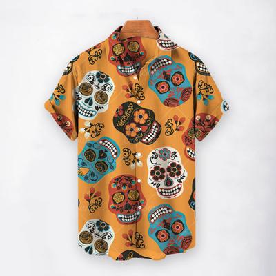 Lapel Short Sleeve Single Breasted Men Shirt Summer Flower Skull Print Hawaiian Shirt Beachwear