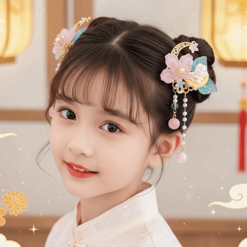 1 Pair Double Clip Pearl Bunny Hair Clips Floral Tassel Fairy Hairpins Hanfu Hair Clips Festival