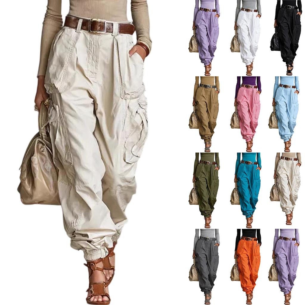 Pantaloni Cargo a Vita Alta da Donna Vestibilità Larga Pantaloni Casual con Tasche Fondo con Coulisse Stile Rilassato