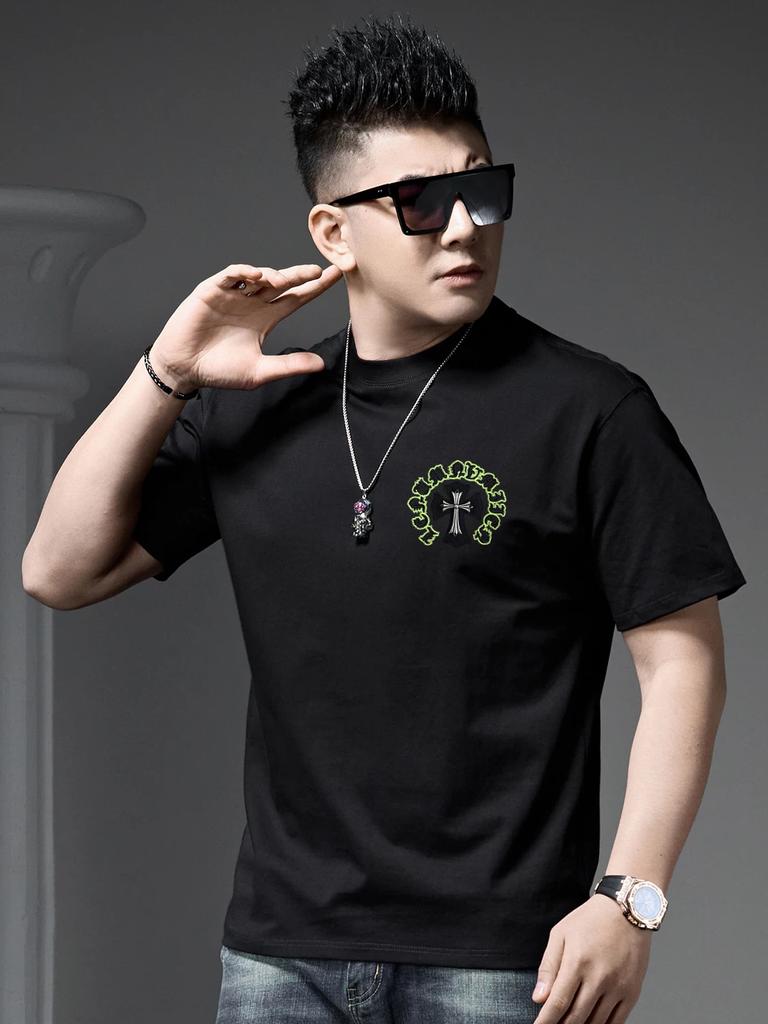 European-Style Round-Neck Short-Sleeve T-Shirt for Men, Summer 2026 New Trendy Brand with Heavy Embroidery, Casual Half-Sleeve Top