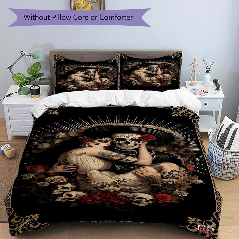 3pcs Sugar Skull Duvet Cover Set, 1 Duvet Cover + 2 Pillowcases (No Insert), High-Definition Print, Home & Dorm yy251123039