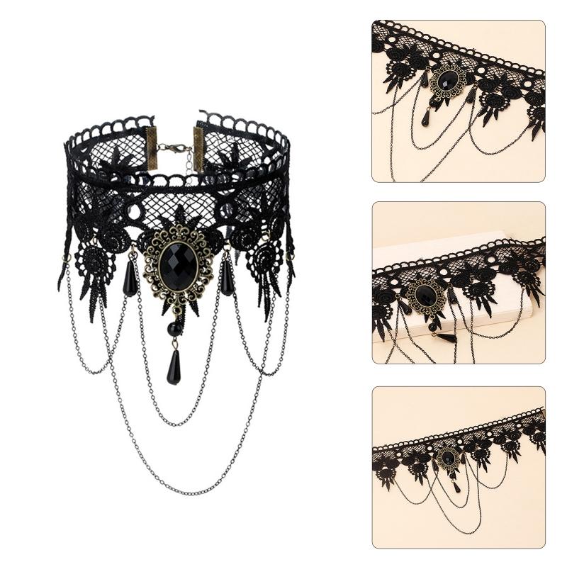 Adjustable Lace Choker Collar Gothic Necklace with Tassel Chain Crystal for Women Halloween Party Custume Vintage Choker