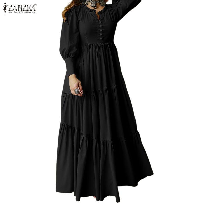 ZANZEA Women Casual V-Neck Solid Color Long Sleeve Loose Long Dress