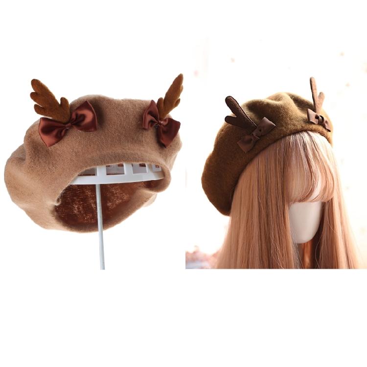Trendy Cute Painter Hat Wool Beanie Hat Xmas Antler Beret Hat Wild for Christmas