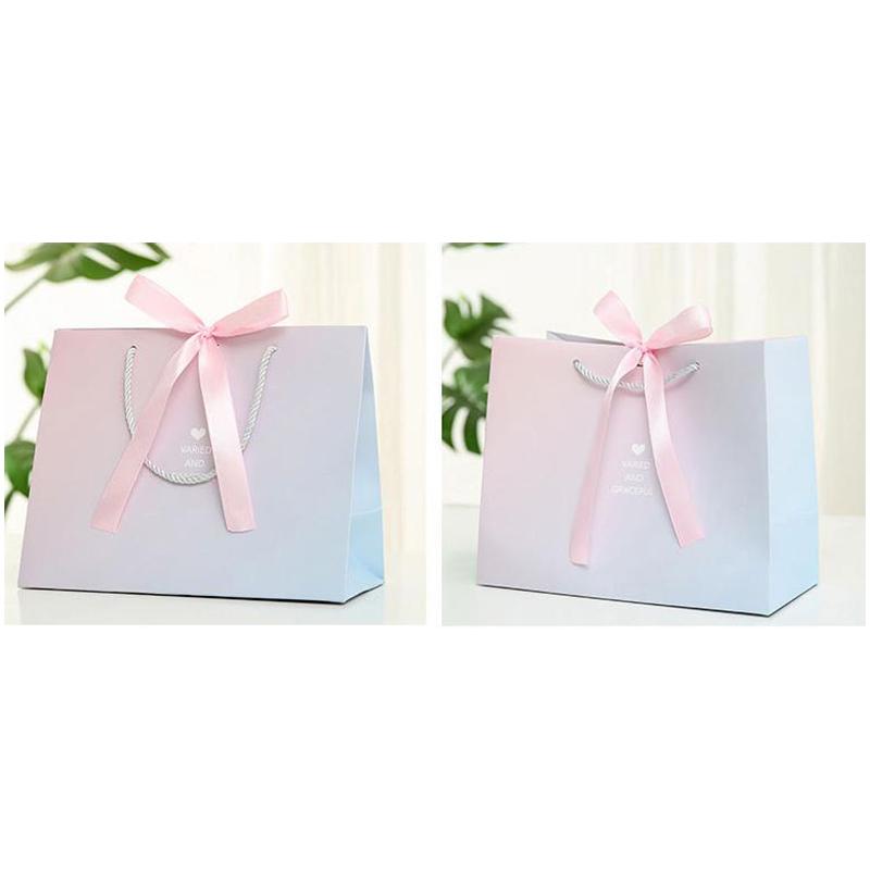 5Pcs Paper Gifts Bags With Bow Recyclable Birthday Wedding Handle Shopping Bags Present Clothing Cosmetic Jewelry Packaging Bags