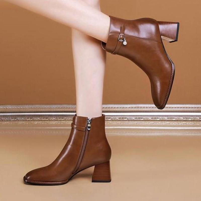 Mode Herbst und Winter 2024 Neue Mode Schlicht und Elegant Nude Stiefel Damen Dicke Ferse Quadratische Spitze Seitenreißverschluss Kurze Stiefel Damen