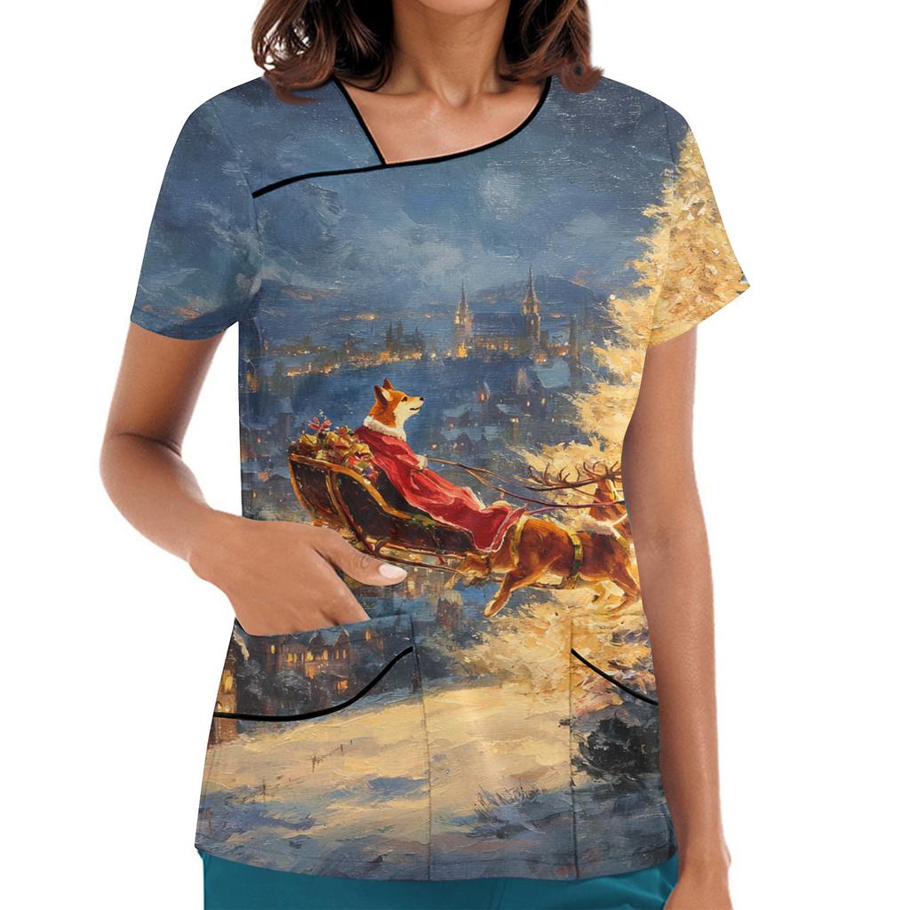 Women's Printed Work Clothes, Sloping Collar And Double Layer Pockets, Basic Top Pullover