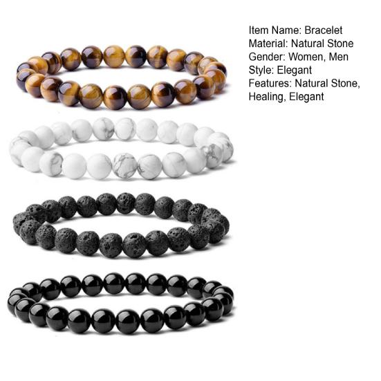 4Pcs/Set Couple Bracelet Assorted 8mm Round Beads Natural Stones Elastic Stress Relief Men Women Tiger Eye Bracelet Fashion Jewelry