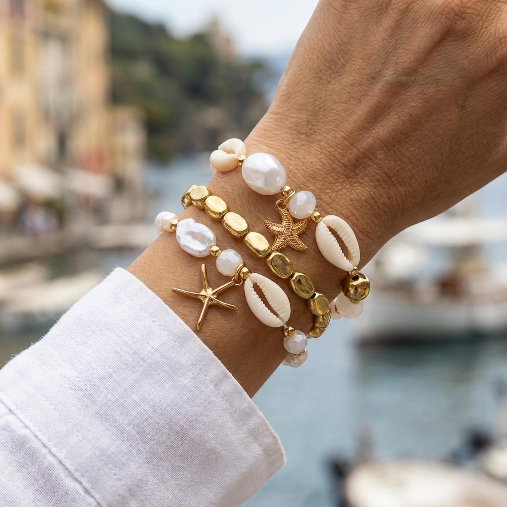 Boho Shell Imitation Pearl Elastic Bracelet Set for Women Dainty Starfish Stacked Beaded Bracelets Summer Beach Jewelry Gift