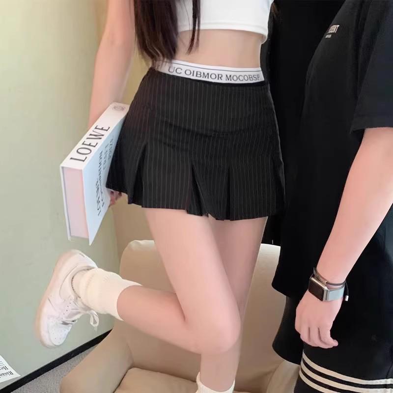 High Waist Black Patchwork A-Line Mini Skirt - Faux Two-Piece Striped Bodycon Pleated Design