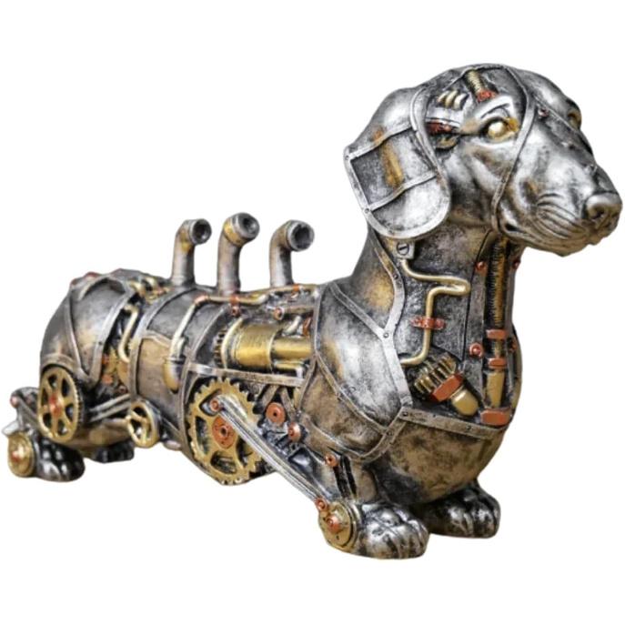 Dachshund Statue and Carved Sculpture Mechanical Punk Style Dachshund Statue Animal Statue Steampunk Modern Home Decor Resin Statue for Coffee Table,