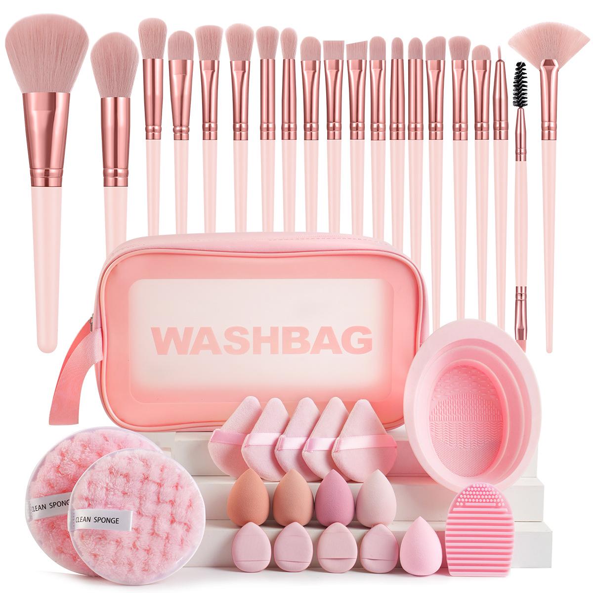 49-Piece Pink Makeup Brush & Facial Cleansing Tool Set