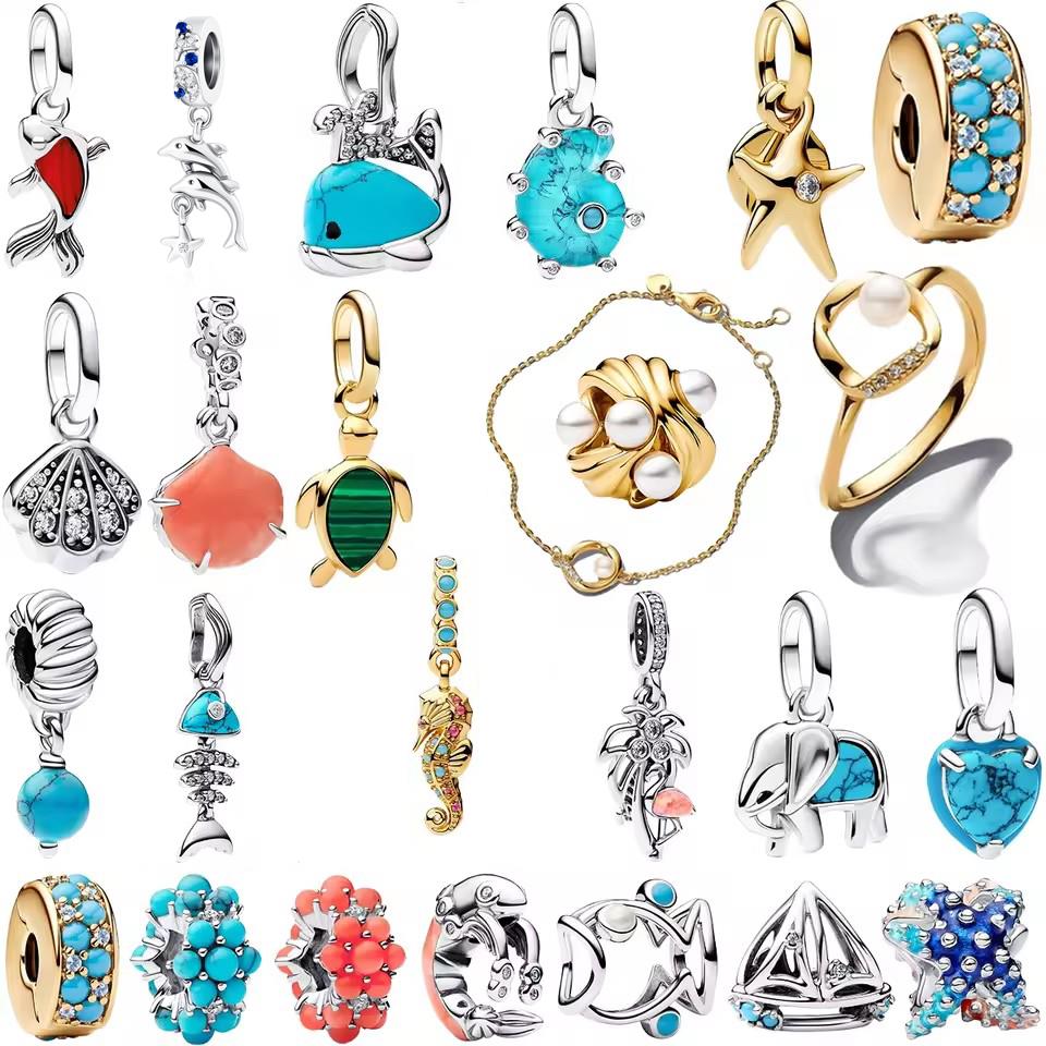 Sparkling Colourful Starfish Crab Shell Conch Copper Dangle Charm Beads Fit Original Bracelet Fine Jewelry Diy Gift